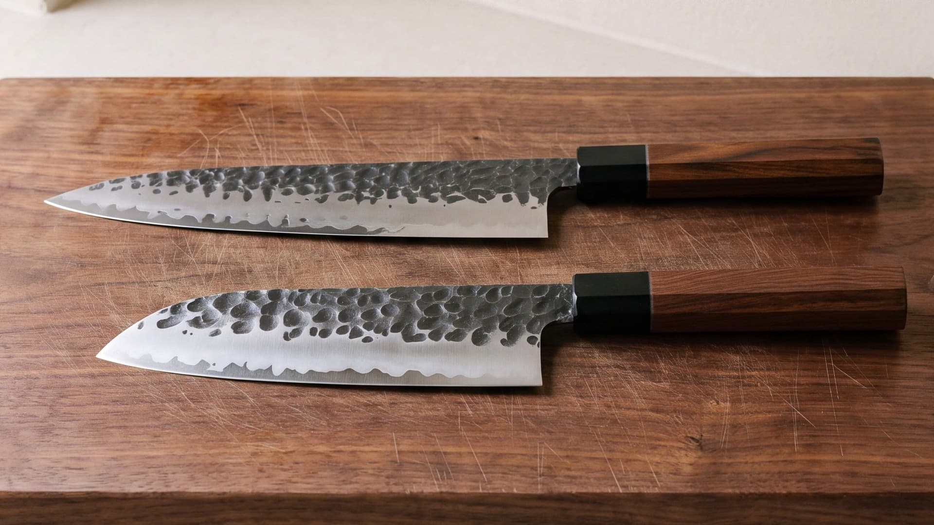 A longer Gyuto above a shorter Santoku, both with hammered blades and octagonal wooden handles, on a walnut cutting board